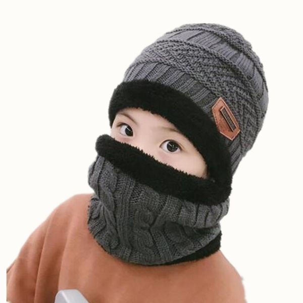 

wide brim hats parent-child cap 2pcs ski and scarf cold warm leather winter hat for boys girls knitted bonnet warm cap skullies be, Blue;gray