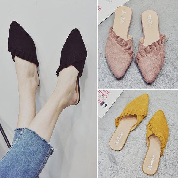 

slippers spring and summer women's shoes pointed velvet bread lace flat sandals baotou heel sets semi, Black