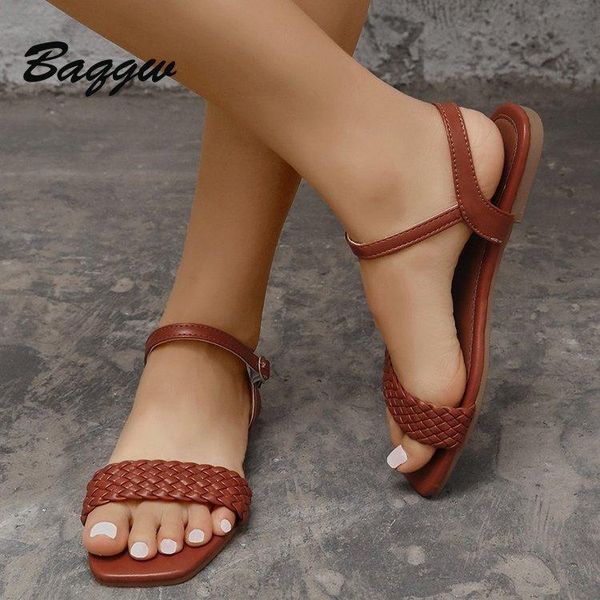 

sandals 2021 women solid color flat square toe buckle strap pu classic woven pattern ladies fashion solft shoes plus size female, Black