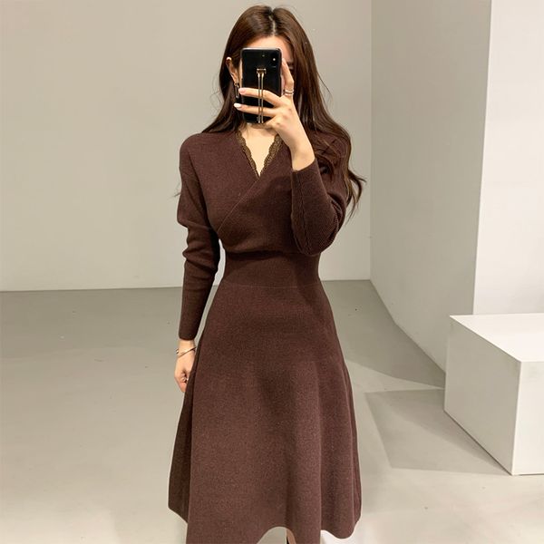 

women's knits & tees croysier winter warm sweater lace trim v neck long sleeve knitted midi elegant es for clothing 4g0s, White