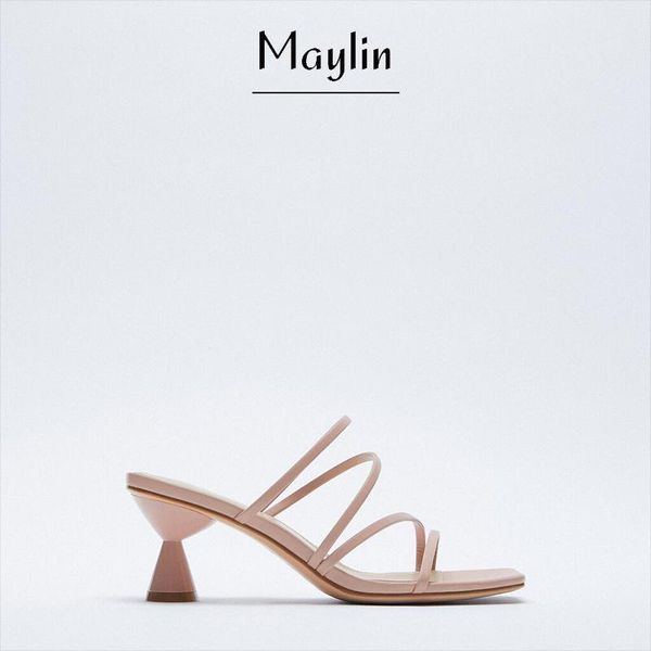 

sandals 2021 summer strange heel for women rose pink square open toe high heels gladiator rome narrow band, Black