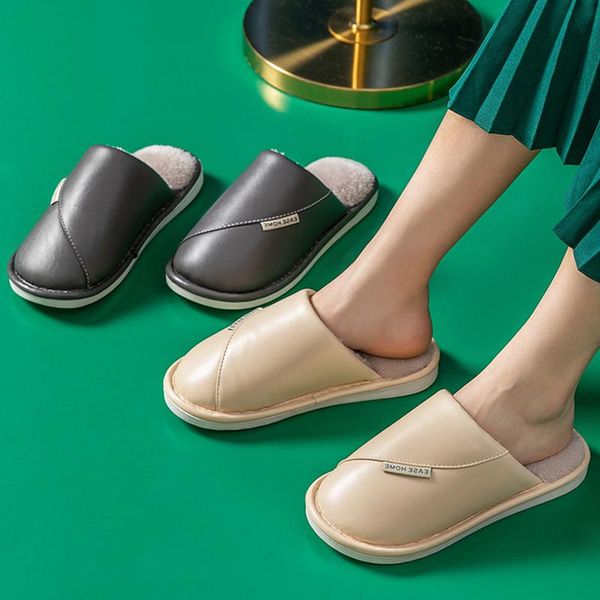

slippers for women ladies waterproof cotton female winter house indoor pu leather thick-soled warm leisure couple home, Black