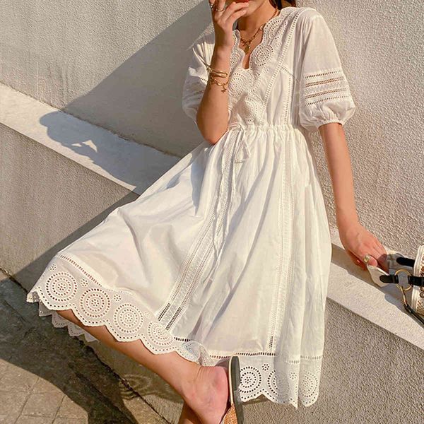 

casual dresses vintage women's hollow flower embroidery v-neck puff sleeve midi bow lace-up bohemian prom white 039h, Black;gray