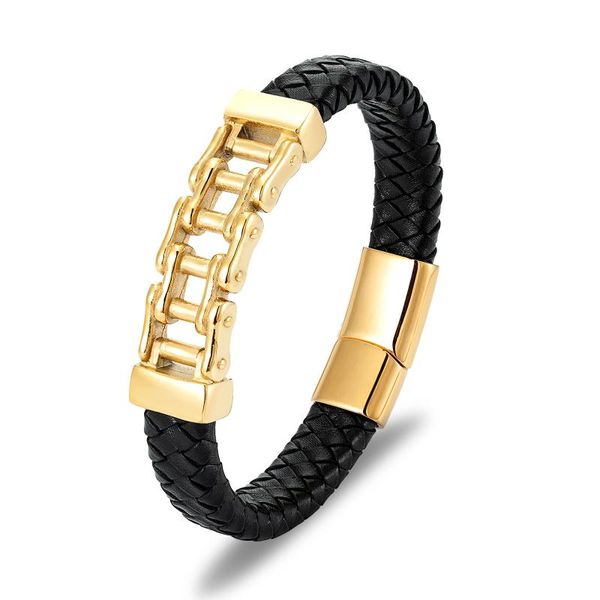 

charm bracelets unique 12mm genuine leather for women gothic rock stainless steel bicycle chain bangles men accessories punk jewelry, Golden;silver