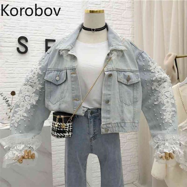 Korobov Sonbahar Yeni Inciler Nakış Dantel Patchwork Denim Ceket Kore Tek Göğüslü Kırpma Ceket Kadın Bomer Ceketler 79009 210430