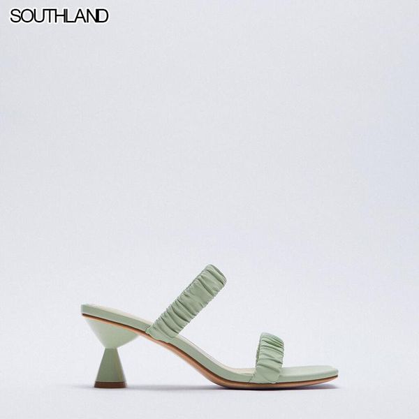 

women's shoes in 2021 summer green square toe fold slide sandals thin high-heeled french style slippers, Black
