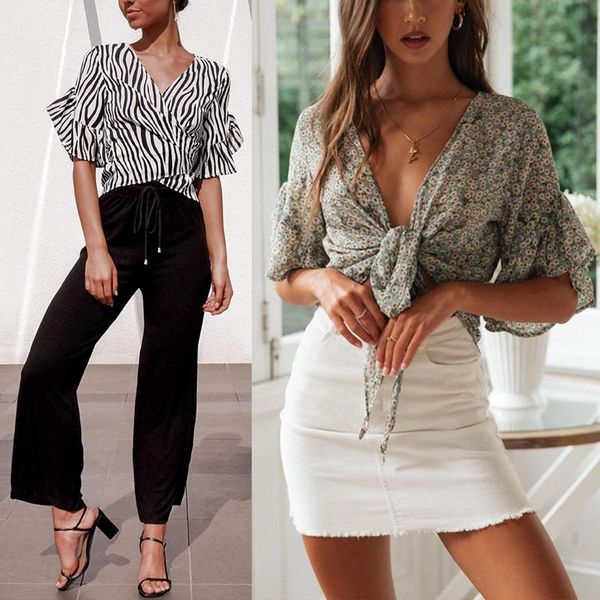 

women's blouses & shirts fashion women summer print lace cardigan half sleeve trumpet v-neck beauty lady, White