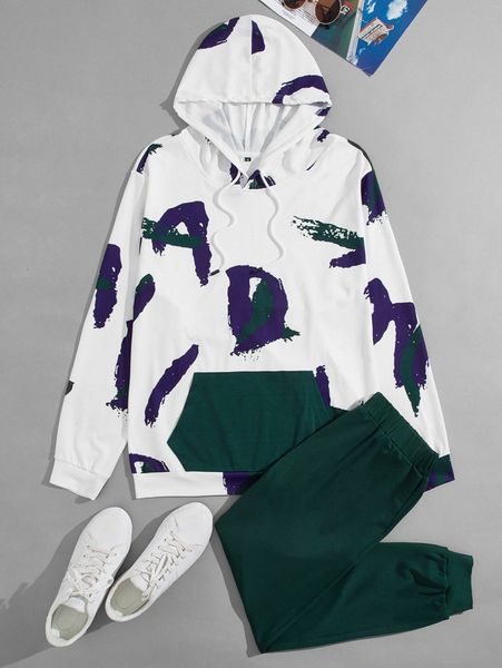 

men letter graphic kangaroo pocket drawstring hoodie & sweatpants s38a#, Gray