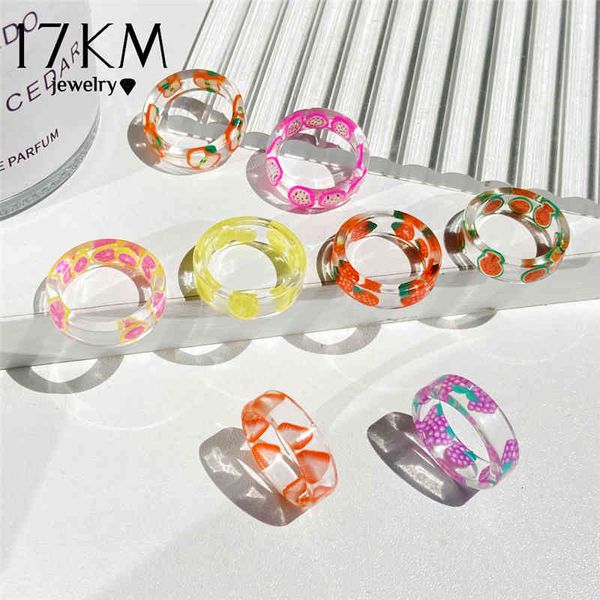 

love ring 17km korean fashion fresh fruits transparent resin acrylic for women girls design strawberry lemon finger jewelry gifts, Slivery;golden