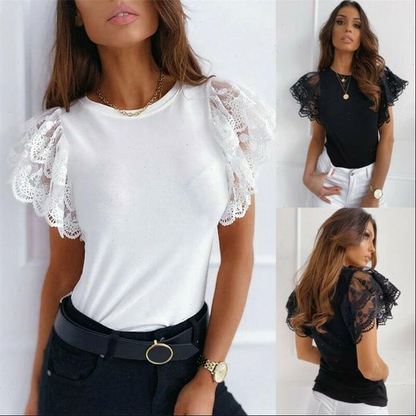 

fashion summer casual tunic women blouses lace short butterfly sleeve round neck shining black white