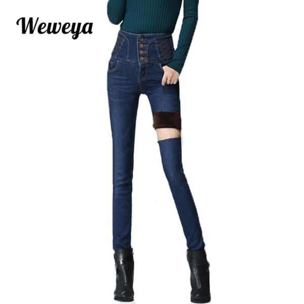 

weweya plus size 34 elasticity cashmere warm jeans for women high waist black girls skinny winter denim pants women's, Blue