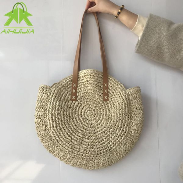 

summer round straw bags for women rattan shoulder bag 2021 new handmade woven beach handbags female message handbag totes bag