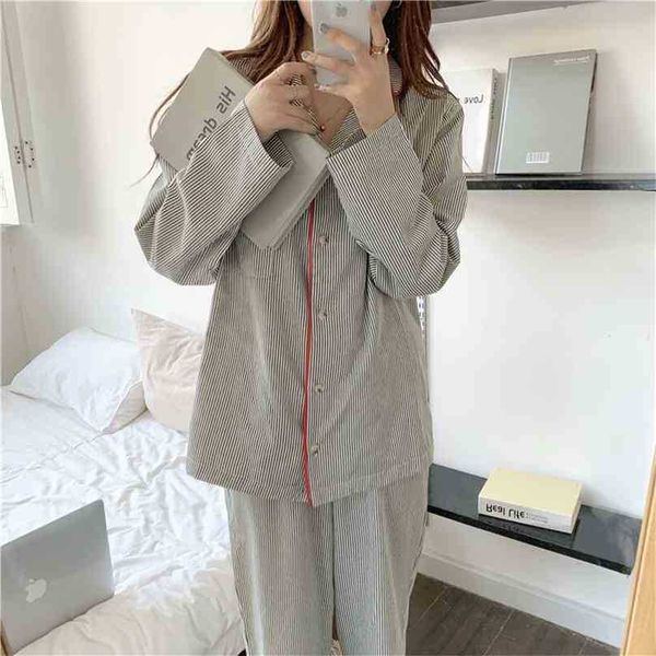 

two pieces suit cardigans striped cotton nightwear sweet soft casual homewear loose fashion pajamas sets 210525, Black;red