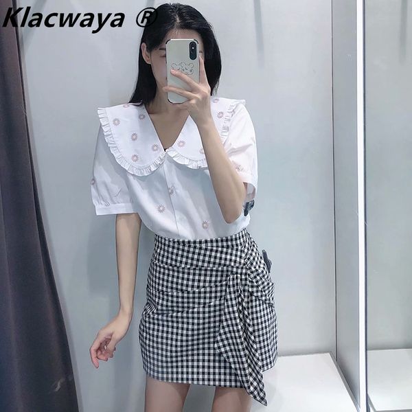 

women sweet fashion floral embroidery poplin blouses vintage short sleeve button-up shirts blusas chic 210521, White