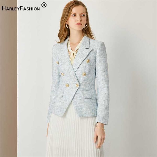 

harleyfashion women autumn winter warm weave tweed blazer plaid pattern casual slim fitness light blue jackets 211019, White;black