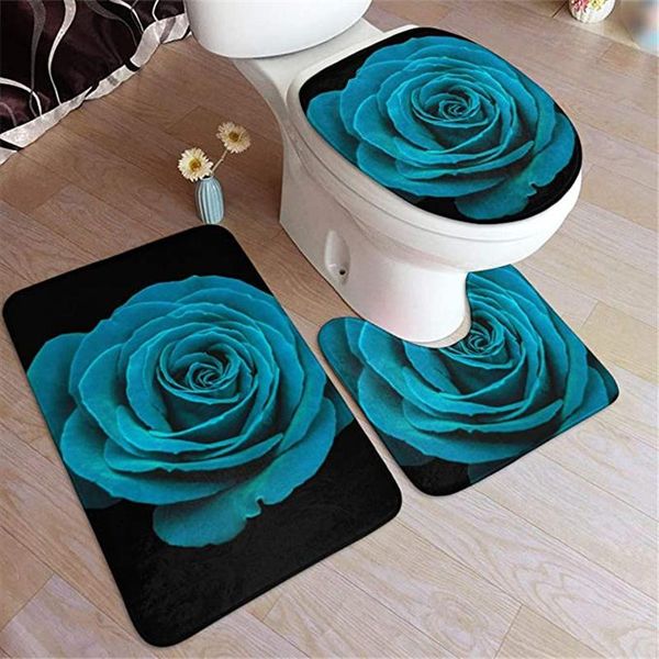 

carpets teal blue rose comfort flannel bathroom rug mats set 3 piece soft non-slip with backing pad bath mat + contour toilet lid