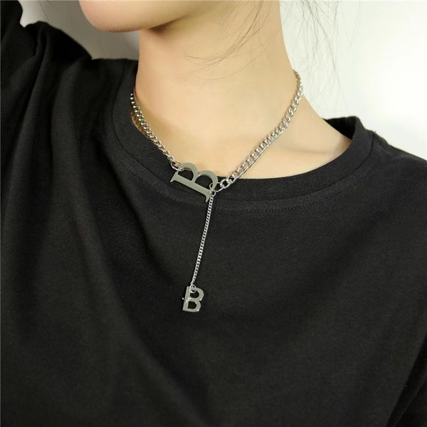 

chains cold wind double b simple geometric titanium steel necklace female niche design retro letter clavicle chain, Silver