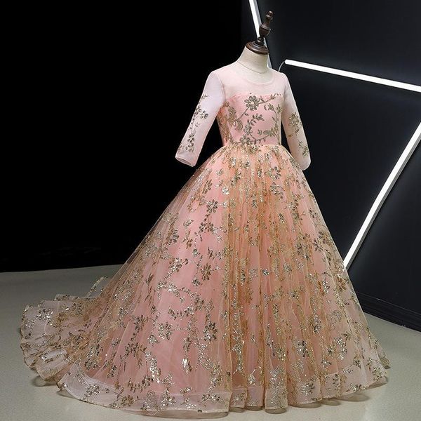 

girl's dresses beautiful glitter flower girl dress for wedding long sleeve sheer neck satin bow girls birthday prom gown, Red;yellow