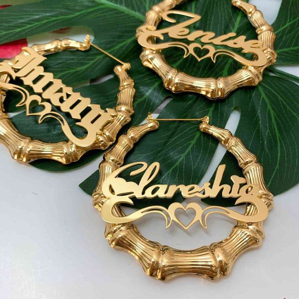 

earrings custom bamboo name with heart hoop nameplate jewelry fashion show charming gold gift 210924, Golden;silver
