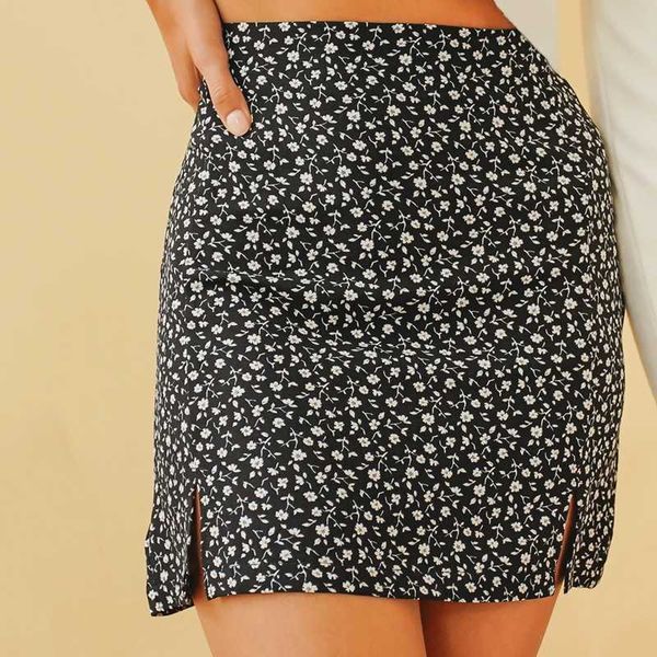 

skirts vintage print soft cotton skirt women side split high waist short mini female white back zipper bottoms 2021, Black