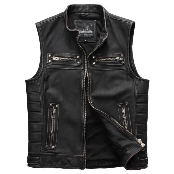 

men's leather & faux 2021 vintage black slim fit biker's vest plus size 4xl genuine thick cowhide short russian motorcycle