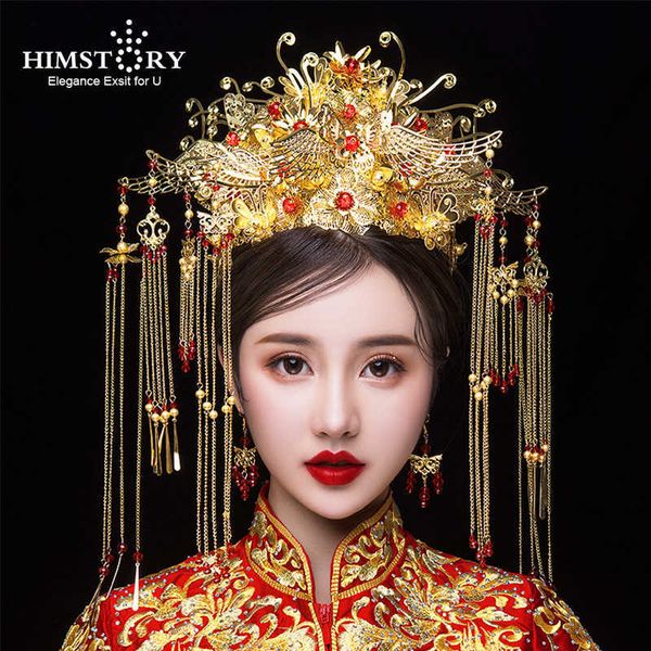 HIMSTORY Clássico Chinês Casamento Fênix Rainha Coronet Coroa Noivas Ouro Cabelo Jóias Acessórios Tassel Casamento Hairwear H0827