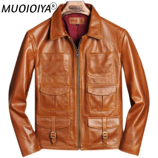

men's leather & faux oil wax first layer cowhide lapel genuine jacket men's retro motorcycle, Black