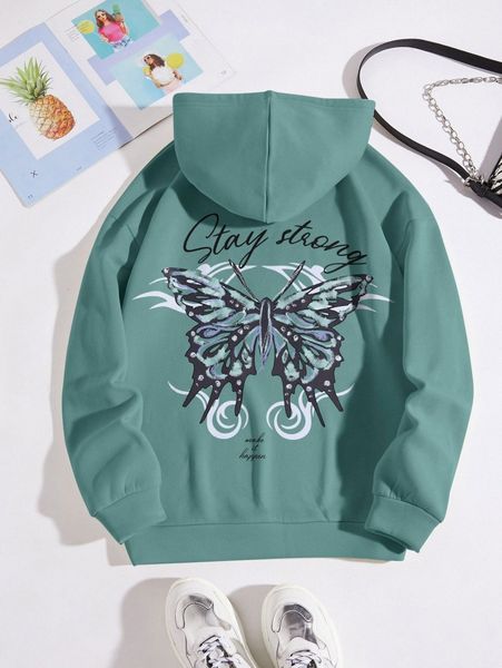 

butterfly & slogan graphic drawstring thermal hoodie 80fa#, White;black