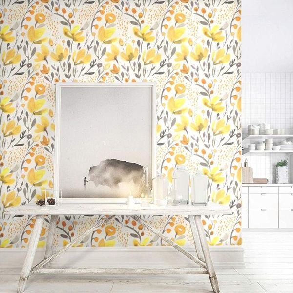

wallpapers kapok self-adhesive wallpaper yellow flowers stripping and pasting removable watercolor seamless pre pasted wall mural fil