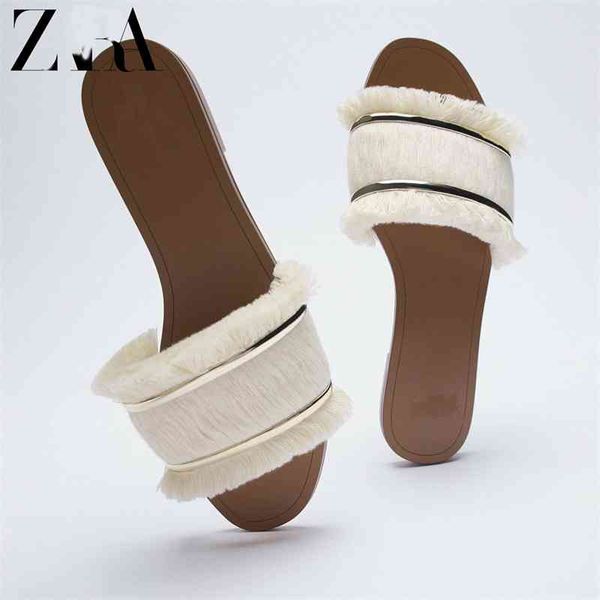 

za family flat slippers 2021 summer new one line tassel metal open toe sandals female, Black