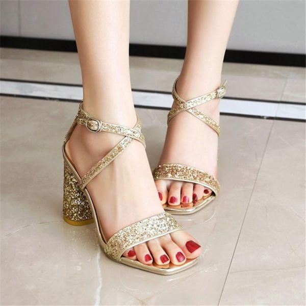 

shiny bling sequined women sandals round high heels cross tied strappy party dress bridal wedding shoes gold silver 2021, Black