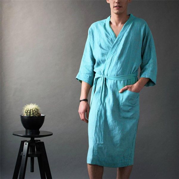

men's sleepwear thin bathrobe pajamas solid color linen bath robe 4 colors japanese kimono collar spring and summer casual wear s-4xl, Black;brown