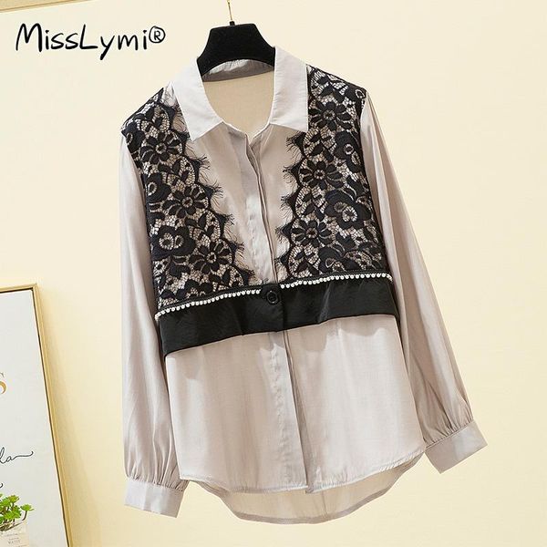 

l-4xl plus size women black flower lace patchwork shirts autumn 2021 solid color long sleeve loose elegant ladies blouse women's blous, White