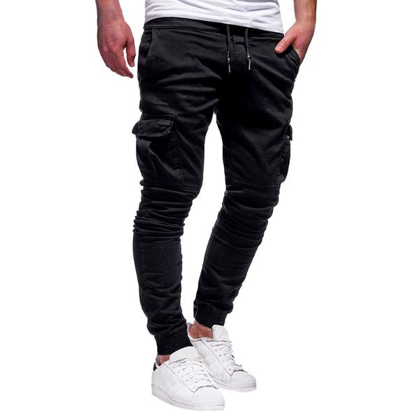 

men's pants sport pure color bandage casual loose sweatpants drawstring pant 2021 summer strap multi-pocket sports trousers, Black