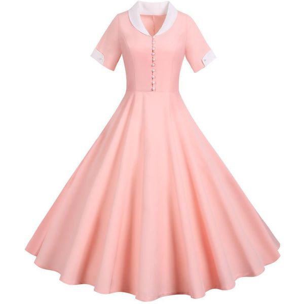 

women dresses pink elegant fashion ol office for robe short sleeve retro vintage beading party summer dress casual vestidos, Black;gray