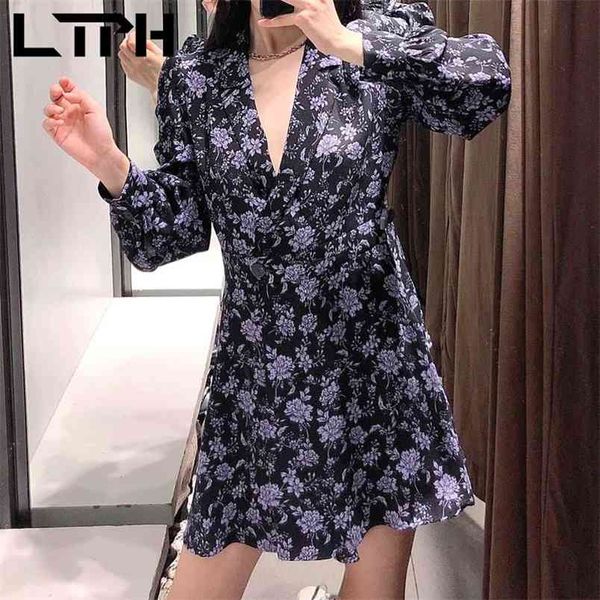 

ltph vintage print jumpsuit women elegance playsuits notched collar long sleeve high waist floral suit rompers spring 210423, Black;gray