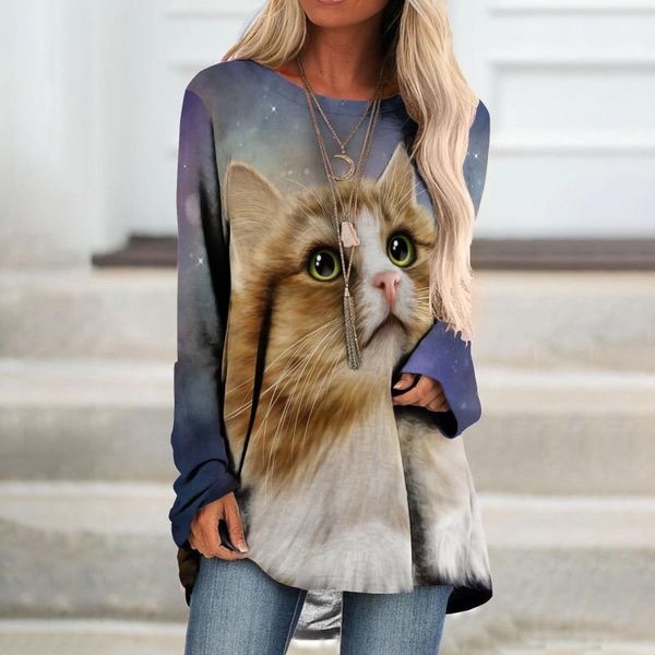 

women's t-shirt 2021 fashion cat printed t-shirts for women o-neck long sleeve shirts streetwear casual poleras mujer, White