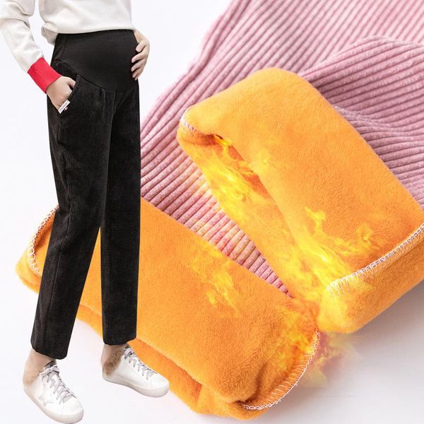 

maternity bottoms 3278# winter thicken warm plus velvet corduroy straight pants thermal fleece belly casual for pregnant women, White