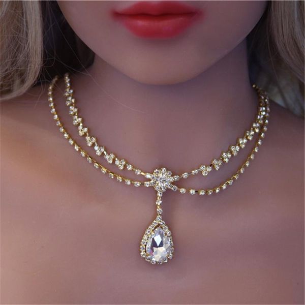 

pattern simple fashion exquisite water drop zircon noble princess necklace women's shining crystal choker chokers, Golden;silver