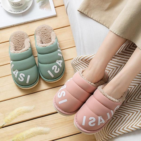 

suihyung women plush slippers winter warm waterproof indoor cotton shoes furry slides flats female fur bedroom slip on, Black