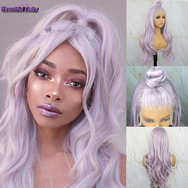 

beautiful diary futura fiber lace front synthetic wig purple mixed white color natural wavy wigs for black women 13x61