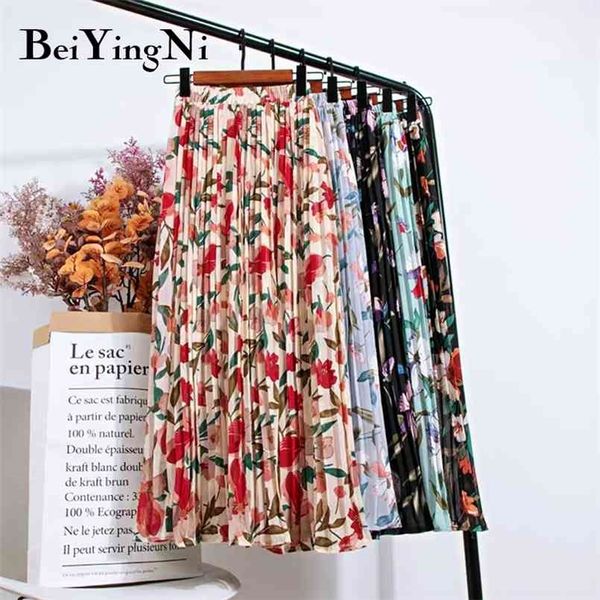 Beiyingni Summer Chiffon Beach Boho Maxi Gonna donna Vita alta Stampa floreale Vintage Holiday Increspato Gonne lunghe moda Faldas 210708