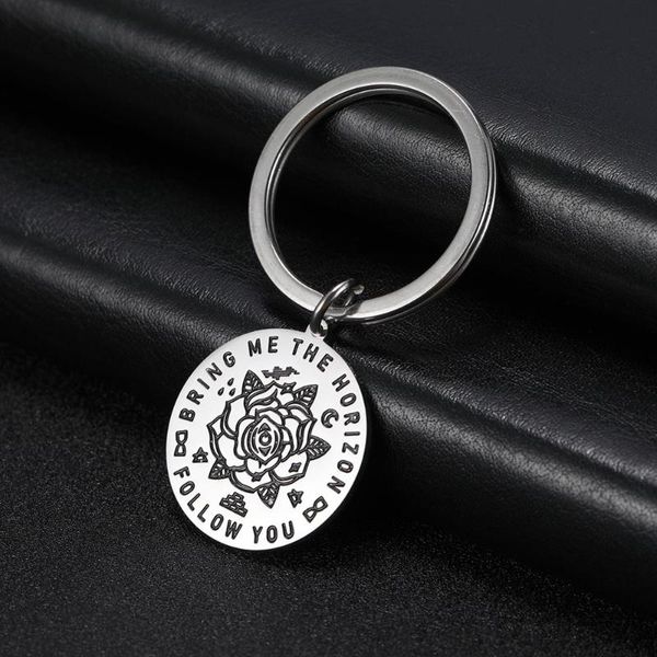 

keychains teamer flower round charm key chain bring me to the horizon stainless steel animal ring holder keychain pendant for bag gift, Silver