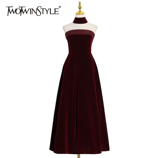 

velour black dress for women stand collar strapless high waist sleeveless midi party dresses female fashion 210520, Black;gray