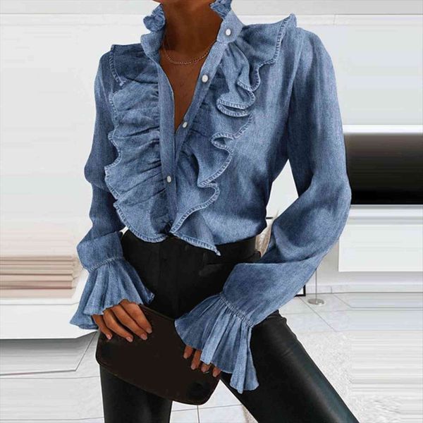 

spring casual fashion women blouses ruffles clothing flare sleeves office lady v neck full blouse female, White