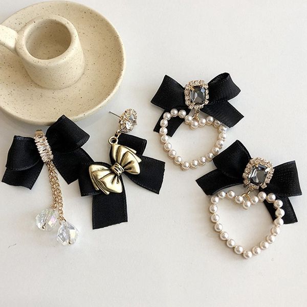 

fashion black gauze 925 sterling silver stud long tassel earring bowknot present for girls lady 2021 ins temperament simple personality part, Golden;silver