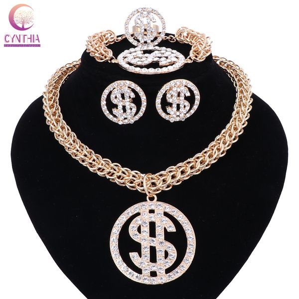 

jewelry sets us dollar money necklace&pendant gold silver color chain for women/men rhinestone hip hop bling bracelet earring ring, Black