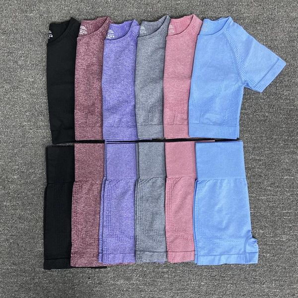 

yoga outfit 2 piece seamless women set crop short sleeve shirt fitness shorts workout clothes for gym clothing sport