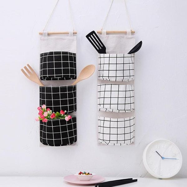 

storage bags cotton linen hanging bag 3 pockets wall mounted wardrobe hang cosmetic toys organizer home decoration accessories