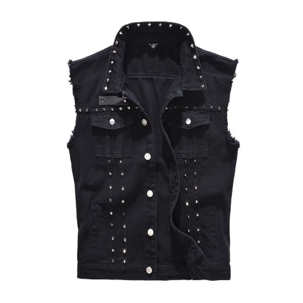 Gilet di jeans da uomo Punk Rock Rivetto Cowboy Jeans neri Gilet Moda uomo Giacca di jeans senza maniche stile moto M-5XL 211120